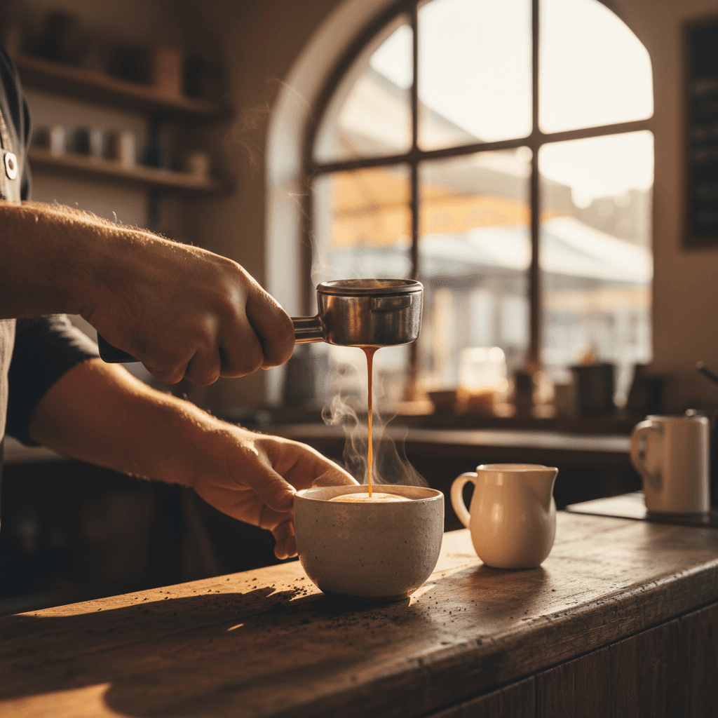 Warm hands pouring freshly brewed Ethiopian coffee into a traditional ceramic cup in a welcoming cafe environment
