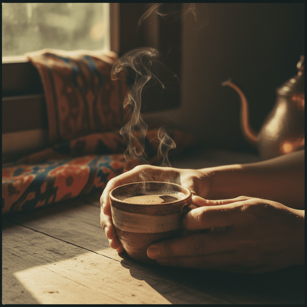 Ethiopian coffee ceremony in a warm, cozy setting with traditional coffee pot and cups