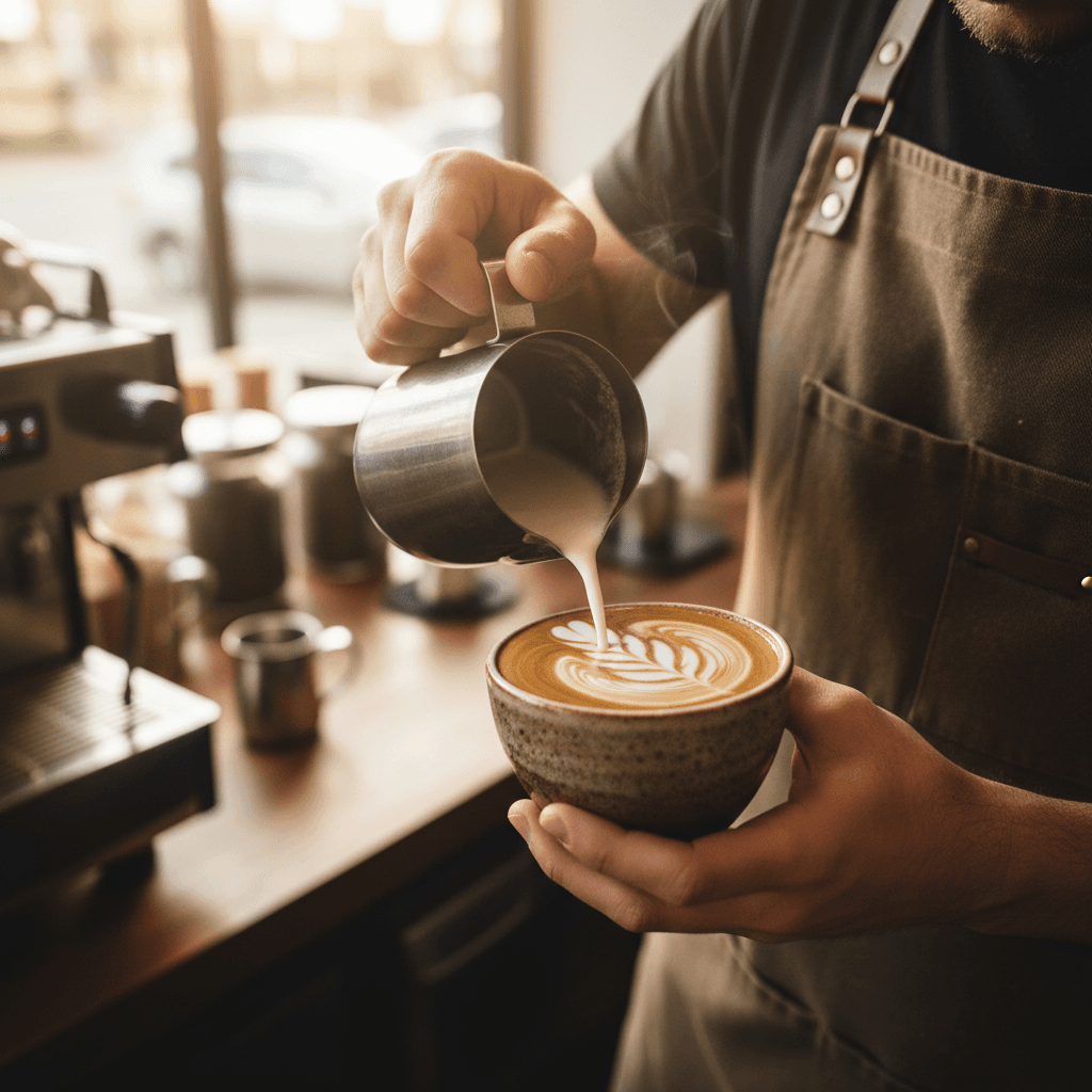 Expert barista pouring freshly brewed Ethiopian coffee into a traditional cup in warm ambient lighting